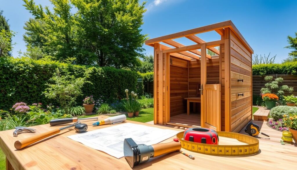 A detailed step-by-step instruction guide for building a sauna in a serene garden setting. In the foreground, a wooden workbench is cluttered with tools such as a hammer, saw, and measuring tape, indicating an active construction process. In the middle ground, a partially constructed sauna is visible, showcasing wooden beams and insulation being arranged, with blueprints laid out beside it. The background features lush greenery and colorful flowers in a well-maintained garden, under a clear blue sky. The lighting is bright and natural, emphasizing the cheerful and motivated atmosphere of this DIY project. The angle captures the entire scene to provide a comprehensive view of the task at hand, inviting readers into the world of sauna construction. A detailed step-by-step instruction guide for building a sauna in a serene garden setting. In the foreground, a wooden workbench is cluttered with tools such as a hammer, saw, and measuring tape, indicating an active construction process. In the middle ground, a partially constructed sauna is visible, showcasing wooden beams and insulation being arranged, with blueprints laid out beside it. The background features lush greenery and colorful flowers in a well-maintained garden, under a clear blue sky. The lighting is bright and natural, emphasizing the cheerful and motivated atmosphere of this DIY project. The angle captures the entire scene to provide a comprehensive view of the task at hand, inviting readers into the world of sauna construction.