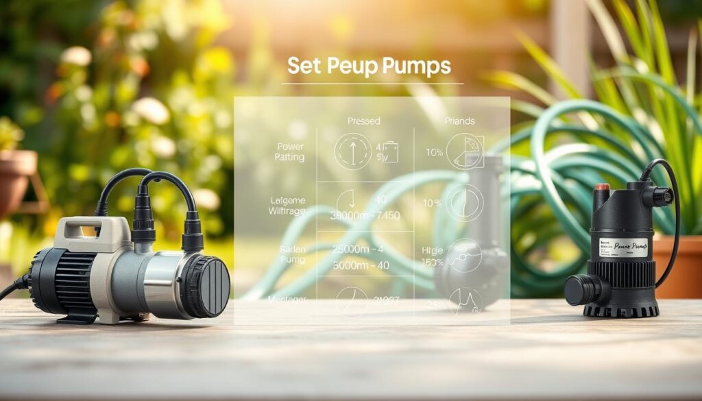 A detailed technical illustration of garden pumps, showcasing various models and their specifications. In the foreground, display two or three distinct garden pumps, emphasizing their design features like hoses, connectors, and controls. In the middle, include a clear layout of technical parameters such as power ratings and efficiency metrics, visually represented through labeled diagrams. The background should feature a serene garden setting with greenery and a garden hose, softly lit by natural sunlight, suggesting an outdoor atmosphere. Use a lens effect to create depth, allowing the pumps to stand out sharply while the background remains slightly blurred. The overall mood should be informative and engaging, appealing to gardening enthusiasts looking for specifics on pump selection. A detailed technical illustration of garden pumps, showcasing various models and their specifications. In the foreground, display two or three distinct garden pumps, emphasizing their design features like hoses, connectors, and controls. In the middle, include a clear layout of technical parameters such as power ratings and efficiency metrics, visually represented through labeled diagrams. The background should feature a serene garden setting with greenery and a garden hose, softly lit by natural sunlight, suggesting an outdoor atmosphere. Use a lens effect to create depth, allowing the pumps to stand out sharply while the background remains slightly blurred. The overall mood should be informative and engaging, appealing to gardening enthusiasts looking for specifics on pump selection.
