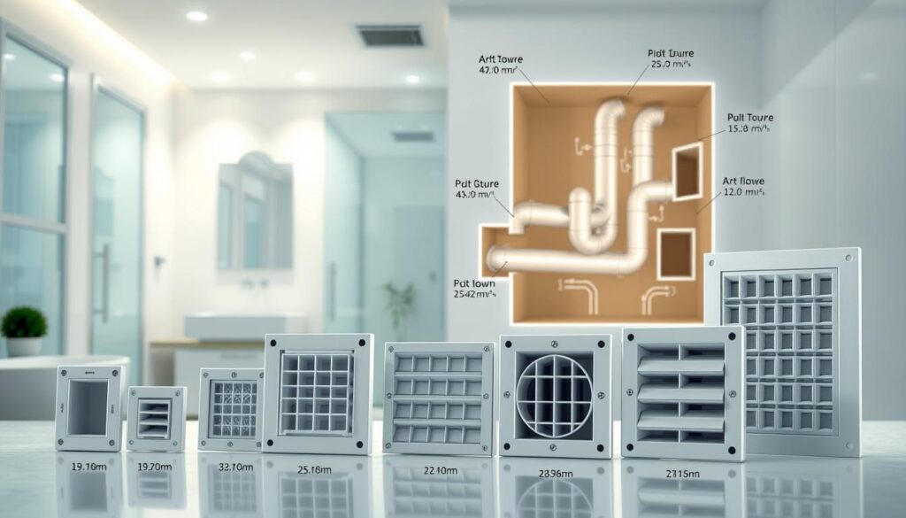 A detailed technical illustration showcasing various ventilation grill parameters. In the foreground, several types of ventilation grills are displayed in a realistic setting, each labeled with numerical specifications such as airflow rate and size. In the middle ground, a cross-section of a wall shows the installation of these grills, highlighting duct connections and airflow pathways. The background features a softly illuminated bathroom environment, emphasizing a clean and functional design. The lighting is bright yet soft, creating a professional atmosphere, while a slight depth of field focuses on the grills, allowing the viewer to clearly see their details. The overall mood is informative and technical, ideal for a professional article. A detailed technical illustration showcasing various ventilation grill parameters. In the foreground, several types of ventilation grills are displayed in a realistic setting, each labeled with numerical specifications such as airflow rate and size. In the middle ground, a cross-section of a wall shows the installation of these grills, highlighting duct connections and airflow pathways. The background features a softly illuminated bathroom environment, emphasizing a clean and functional design. The lighting is bright yet soft, creating a professional atmosphere, while a slight depth of field focuses on the grills, allowing the viewer to clearly see their details. The overall mood is informative and technical, ideal for a professional article.