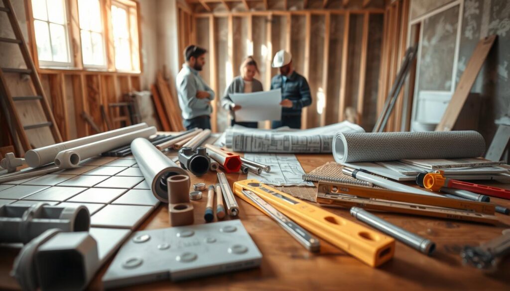 A detailed view of construction materials focused on a bathroom renovation project. In the foreground, a wooden table displays an array of building materials: ceramic tiles, pipes, a roll of waterproofing membrane, and various tools like a tile cutter and levels. In the middle, workers in professional attire examine blueprints spread across the table, discussing their plans for installation. In the background, a partially constructed bathroom setting reveals framed walls and drywall, with natural light streaming through a window, casting soft shadows. The atmosphere is collaborative and focused, reflecting the importance of budgeting for materials and labor in a renovation project. The scene is well-lit, with an emphasis on the textures and colors of the materials, suggesting quality and craftsmanship.