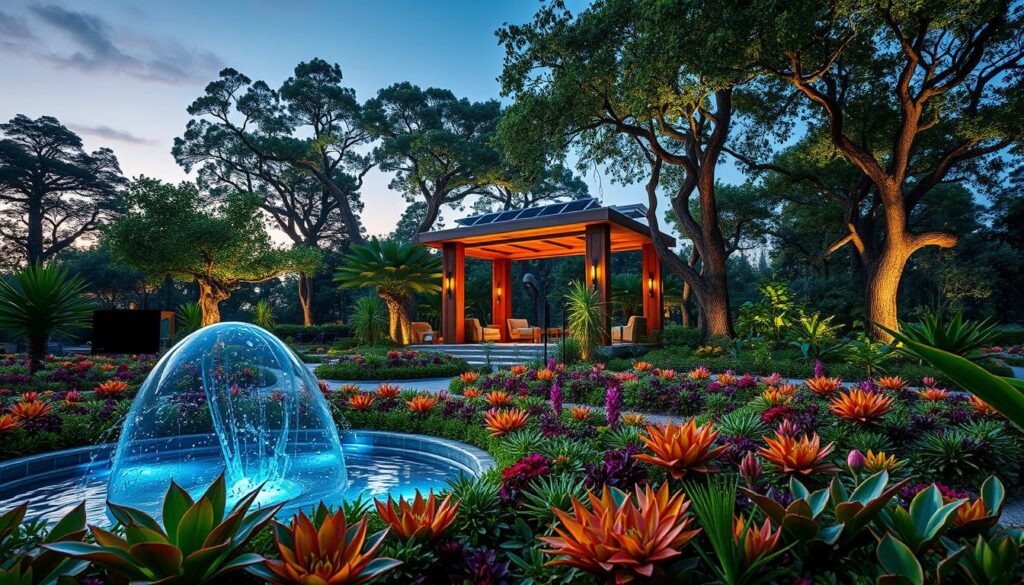 A futuristic garden designed for sustainability and beauty. In the foreground, vibrant flower beds filled with exotic plants in intricate patterns, accompanied by a futuristic water feature that recycles water. The middle ground showcases a modern gazebo made of glass and wood, harmoniously blending into the lush greenery, with solar panels integrated into the design. In the background, a variety of trees with bioluminescent leaves softly illuminating the space under a twilight sky. The lighting is warm and inviting, casting gentle shadows, creating an atmosphere of tranquility and innovation. The scene is captured from a low-angle perspective to emphasize the towering trees above, inviting viewers to imagine a brighter, greener future.