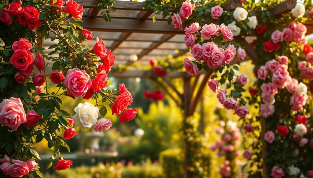 A lush garden scene featuring climbing roses (róże pnące) cascading elegantly over a wooden pergola adorned with green vines. In the foreground, vibrant roses in varying shades of red, pink, and white bloom spectacularly, their delicate petals catching the sunlight. The middle ground showcases the intricately designed pergola, which is intertwined with the climbing roses, creating a romantic atmosphere. In the background, a soft-focused garden with lush greenery and hints of other flowering plants adds depth. The lighting is warm and golden, reminiscent of a late afternoon in spring, casting soft shadows and enhancing the vivid colors of the roses. The mood is serene and inviting, perfect for a tranquil outdoor space. A lush garden scene featuring climbing roses (róże pnące) cascading elegantly over a wooden pergola adorned with green vines. In the foreground, vibrant roses in varying shades of red, pink, and white bloom spectacularly, their delicate petals catching the sunlight. The middle ground showcases the intricately designed pergola, which is intertwined with the climbing roses, creating a romantic atmosphere. In the background, a soft-focused garden with lush greenery and hints of other flowering plants adds depth. The lighting is warm and golden, reminiscent of a late afternoon in spring, casting soft shadows and enhancing the vivid colors of the roses. The mood is serene and inviting, perfect for a tranquil outdoor space.