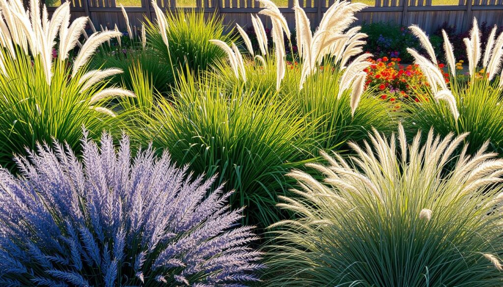 A lush garden scene featuring various beautiful ornamental grasses ideal for landscaping. In the foreground, vibrant clusters of blue fescue and ornamental fountain grass sway gently in the breeze, showcasing their unique textures and colors. The middle ground transitions to a blend of tall, featheryMiscanthus grasses, casting soft shadows on the ground. In the background, a soft-focus view of a decorative wooden fence and a colorful array of wildflowers provides depth, enhancing the garden's charm. The lighting is warm and golden, reminiscent of late afternoon sun, creating a peaceful and inviting atmosphere. The angle is slightly elevated to capture the full beauty of the grass species, emphasizing their height and grace without any human presence or text elements.