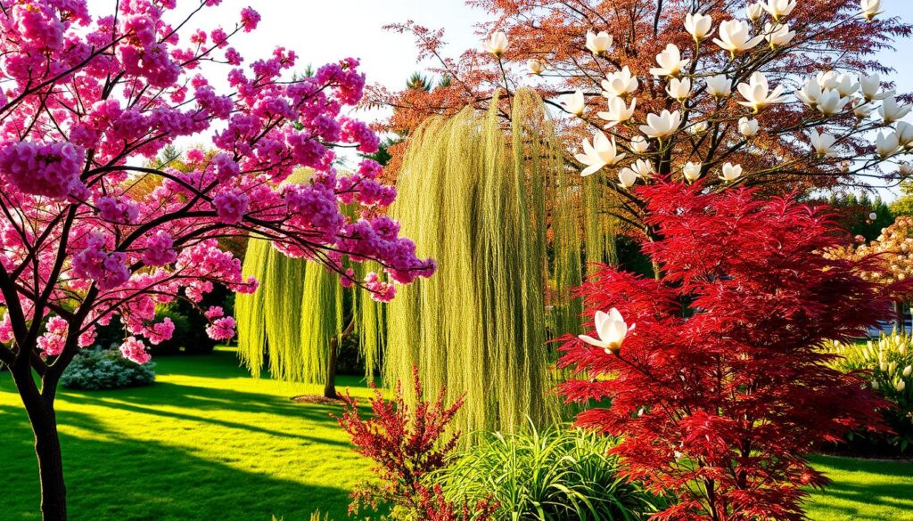 A lush garden scene filled with various ornamental trees, showcasing a diversity of unique species. In the foreground, a vibrant flowering cherry tree with delicate pink blossoms, its branches gracefully arching. Next to it, a striking red maple with fiery autumn foliage. In the middle ground, a weeping willow with long, cascading branches that sway gently in the breeze, and a towering magnolia tree with large white flowers basking under soft sunlight. The background features a softly blurred garden setting with green grass and blue sky. The scene is illuminated by warm, golden hour lighting, casting a serene and inviting atmosphere, evoking the beauty of ornamental gardening throughout the seasons. The image should be rich in color and detail, focusing on the trees without any added text or overlays.