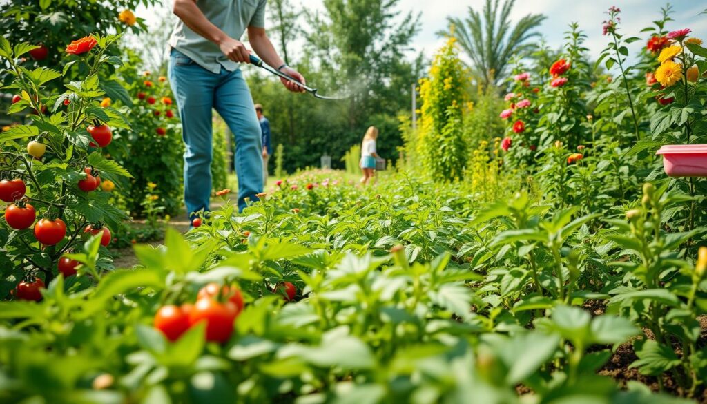 A lush garden scene showcasing the application of Polifoska fertilizer. In the foreground, vibrant green flower beds filled with healthy blooming plants, including tomatoes, peppers, and flowering herbs, illustrate the positive effects of Polifoska. In the middle ground, a gardener in modest casual clothing is actively applying the fertilizer around the plants with a small handheld spreader, demonstrating proper gardening techniques. The background features a sunny sky with soft, diffused sunlight filtering through, highlighting the garden's vibrant colors and textures. The overall mood is one of growth and vitality, evoking a sense of flourishing health in the garden. The composition should be captured with a slight upward angle, giving depth to the garden landscape while focusing on the act of gardening with Polifoska.