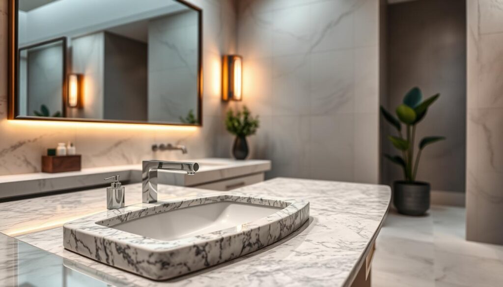 A luxurious bathroom featuring elegant stone countertops, showcasing a polished granite surface with subtle veining, reflecting light. The foreground captures the sleek, modern sink integrated into the stone countertop, along with tasteful bathroom accessories like decorative soap dispensers. In the middle ground, a large mirror with unique framing complements the stone, enhancing the sense of space. The background reveals a softly lit atmosphere, with warm light glowing from modern sconces above the mirror, accentuating the textures of the stone and the soft tiles on the walls. Add a hint of greenery with a stylish plant in the corner to bring life to the serene environment. The overall mood is sophisticated and calming, ideal for a premium bathroom aesthetic. A luxurious bathroom featuring elegant stone countertops, showcasing a polished granite surface with subtle veining, reflecting light. The foreground captures the sleek, modern sink integrated into the stone countertop, along with tasteful bathroom accessories like decorative soap dispensers. In the middle ground, a large mirror with unique framing complements the stone, enhancing the sense of space. The background reveals a softly lit atmosphere, with warm light glowing from modern sconces above the mirror, accentuating the textures of the stone and the soft tiles on the walls. Add a hint of greenery with a stylish plant in the corner to bring life to the serene environment. The overall mood is sophisticated and calming, ideal for a premium bathroom aesthetic.