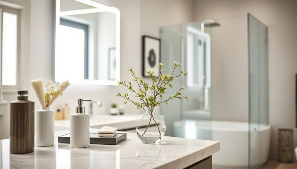 A modern bathroom decor scene showcasing stylish and contemporary bathroom accessories. In the foreground, include minimalist elements like a sleek soap dispenser and a decorative vase with fresh, green plants, arranged on a clean marble countertop. The middle layer features a modern mirror with LED lighting and subtle wall art that complements the decor. In the background, a tastefully designed shower area with frosted glass doors and natural light streaming in creates an inviting atmosphere. Use soft, diffused lighting for a warm and soothing mood, with a wide-angle perspective to capture the full essence of the space. Emphasize cleanliness, elegance, and functionality to reflect current design trends in bathroom decor.