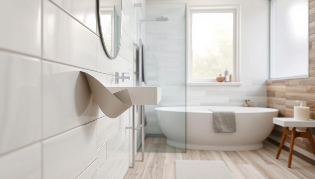 A modern bathroom featuring an array of innovative solutions for applying over old tiles, such as peel-and-stick vinyl tiles, elegant wall panels, or textured vinyl flooring. The foreground showcases a close-up of a stylish peel-and-stick tile being applied, emphasizing its ease and aesthetic charm. In the middle, a neatly designed bathroom with a fresh color palette of soft pastels, showcasing different options, such as a sleek white ceramic tile and a wooden panel effect. The background includes soft natural lighting coming through a frosted glass window, providing a warm and inviting atmosphere. The image captures a sense of renewal and creativity in home decor, highlighting the transition from outdated to modern designs without the mess.