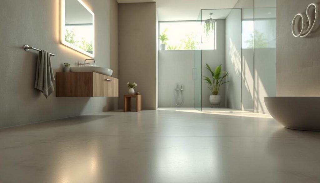 A modern bathroom featuring innovative mikrocement flooring, seamlessly blending a minimalist design with functionality. The foreground showcases a sleek, polished mikrocement surface, reflecting soft, diffused lighting that creates a warm ambiance. In the middle, elegant fixtures such as a contemporary sink and a stylish mirror framed with backlighting enhance the overall aesthetic. The background reveals a shower area with glass panels and subtle greenery, promoting a spa-like atmosphere. Natural light cascades in through a window, illuminating the textures of the mikrocement and casting gentle shadows. The overall mood is tranquil and sophisticated, emphasizing the innovative qualities of mikrocement as a bathroom alternative.