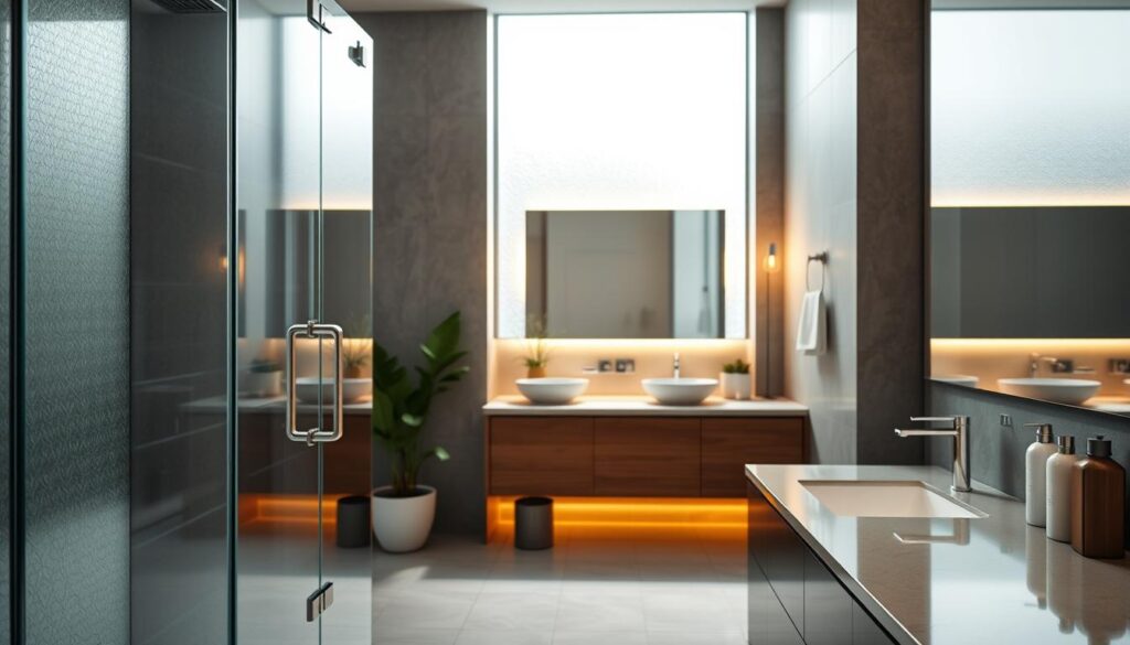 A modern bathroom interior showcasing glass wall panels, beautifully reflecting light. In the foreground, a sleek, frameless glass shower enclosure shines, with minimal chrome accents adding elegance. The middle ground features a vanity with a large mirror that enhances the spatial feel, surrounded by polished stone countertops. Lush greenery, like potted plants, peeks into the scene, providing a refreshing touch. In the background, softly lit ambient lighting creates a warm atmosphere, emphasizing the innovative glass designs. The overall mood is serene and contemporary, perfect for a stylish bathroom. Use a wide-angle lens for a dynamic perspective that captures the entire scene, with soft natural light streaming in through a frosted window.