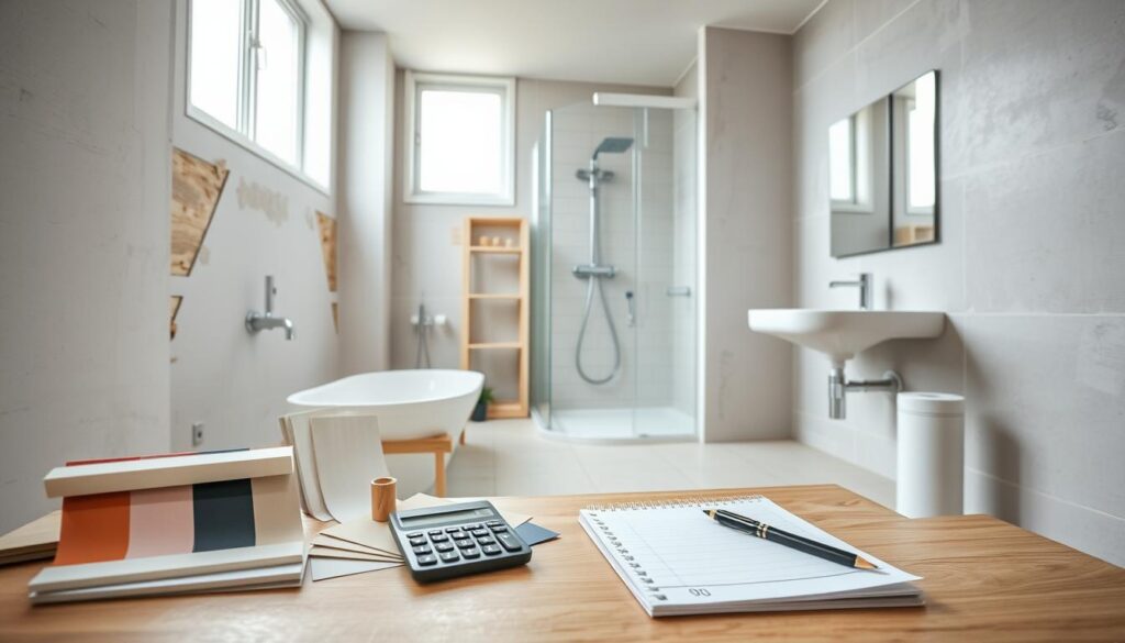 A modern bathroom renovation in a block apartment, showcasing a detailed renovation cost breakdown. In the foreground, display neatly arranged tiles, paint samples, and plumbing fixtures, emphasizing a variety of styles and colors, with a calculator and notepad for budgeting. The middle ground features half-finished walls with drywall and exposed piping, suggesting ongoing work. The background reveals a well-lit bathroom space with a partially installed new sink and mirror, large windows allowing natural light to stream in, creating a bright and welcoming atmosphere. Use soft lighting to create an optimistic mood, capturing the essence of planning and budgeting for a home renovation. Ensure clarity and focus on the renovation elements without any people present.