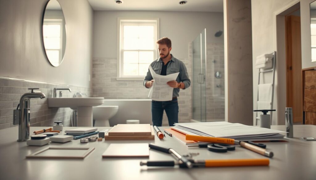 A modern bathroom renovation scene showcasing a carefully organized workspace. In the foreground, a detailed view of construction materials such as tiles, plumbing fixtures, and tools neatly arranged on a clean surface. In the middle, a professional contractor in modest casual clothing inspects blueprints while making notes, emphasizing the planning aspect of bathroom remodeling costs. In the background, partially renovated walls with fresh paint and unfinished flooring create a dynamic contrast with a window allowing natural light to illuminate the space. The atmosphere is focused and industrious, reflecting a sense of investment and attention to detail in home improvement. The lighting should be warm and inviting.