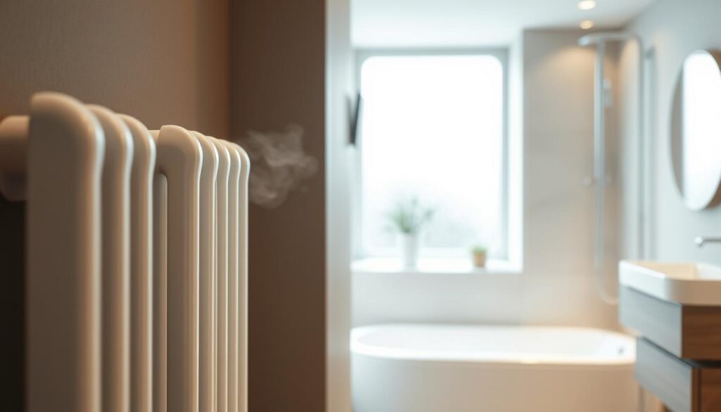 A modern bathroom scene showcasing a stylish radiator mounted on a wall, emphasizing the concept of heating efficiency. In the foreground, the sleek, white radiator features elegant lines and contours, reflecting contemporary design. In the middle, a subtle steam effect suggests warmth in the air, while a soft glow illuminates the bathroom space, enhancing the feeling of coziness. The background includes neutral-toned tiles and clean, minimalist decor, contributing to a serene atmosphere. Natural light from a frosted window filters in, creating a tranquil setting. The camera angle is slightly low, focusing on the radiator, capturing its details and emphasizing its role in effective heating. The overall mood is warm, inviting, and designed for comfort.