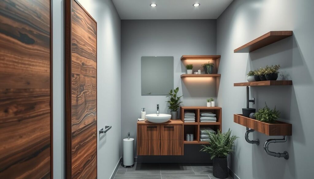 A modern bathroom showcasing innovative ways to conceal piping. In the foreground, there are stylish decorative panels artfully hiding exposed pipes, made from wood and sleek, matte finishes. The middle ground features a compact vanity with integrated storage solutions and floating shelves that cleverly disguise plumbing elements, surrounded by tasteful plants for a fresh touch. The background displays a clean, minimalist design with soft, ambient lighting that enhances the tranquil atmosphere. The angle is slightly above eye level, capturing the entire scene while providing depth. The mood is serene and contemporary, perfect for illustrating effective strategies for pipe concealment in small bathrooms. A modern bathroom showcasing innovative ways to conceal piping. In the foreground, there are stylish decorative panels artfully hiding exposed pipes, made from wood and sleek, matte finishes. The middle ground features a compact vanity with integrated storage solutions and floating shelves that cleverly disguise plumbing elements, surrounded by tasteful plants for a fresh touch. The background displays a clean, minimalist design with soft, ambient lighting that enhances the tranquil atmosphere. The angle is slightly above eye level, capturing the entire scene while providing depth. The mood is serene and contemporary, perfect for illustrating effective strategies for pipe concealment in small bathrooms.