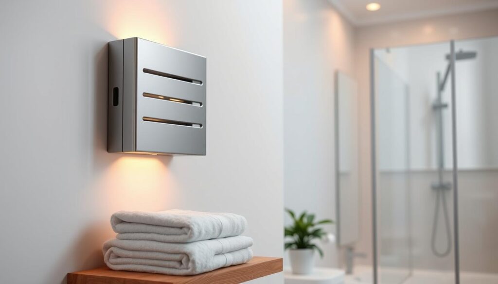 A modern electric bathroom heater, sleek and stylish, mounted on a pristine white wall, exuding a warm glow. The heater features a minimalistic design with a smooth metallic finish, complemented by soft ambient lighting that highlights its contours. In the foreground, a neatly arranged set of fluffy towels rests on a wooden shelf, while a decorative potted plant adds a touch of greenery to the scene. The background showcases a clean and spacious bathroom, featuring tiled walls and a large mirror reflecting the soft light, creating a cozy atmosphere. The angle is slightly elevated, capturing both the heater's details and the inviting ambiance of the space. The overall mood is warm and welcoming, perfect for illustrating the electric heater's functionality and aesthetics in a small bathroom.
