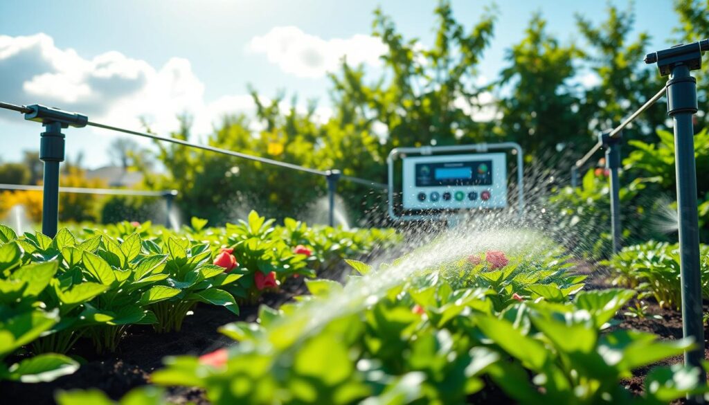 A modern garden irrigation system featuring various automatic watering methods. In the foreground, vibrant green plants and flowers are being watered by sleek, automated drip lines and sprinklers. The middle ground showcases a well-designed irrigation control panel with digital displays, surrounded by a lush garden. In the background, a bright blue sky with soft clouds enhances the sunny atmosphere, with gentle sunlight casting playful shadows on the ground. The overall mood is fresh and innovative, demonstrating the efficiency of modern automated irrigation solutions. The angle is slightly elevated to capture the entire setup, emphasizing the harmony between technology and nature. The scene is serene and inviting, showcasing a flourishing garden nourished by smart irrigation technology.