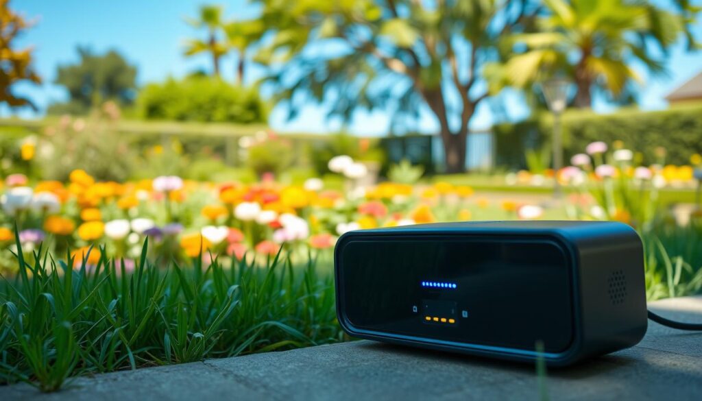 A modern, sleek ultrasonic rodent repeller device prominently displayed in the foreground, featuring a high-tech design with LED lights and a small speaker grill. In the middle ground, a vibrant garden setting filled with green grass, colorful flowers, and neatly maintained plant beds, showcasing the protective effect of the device. In the background, a sunny blue sky enhances the bright atmosphere, with a couple of trees providing shade. Soft, natural lighting highlights the details of the repeller and the lushness of the garden. The mood is serene and hopeful, emphasizing the device's role in keeping the garden safe from pests like voles. The angle should offer a slightly low perspective, drawing attention to the device while showcasing the flourishing garden. A modern, sleek ultrasonic rodent repeller device prominently displayed in the foreground, featuring a high-tech design with LED lights and a small speaker grill. In the middle ground, a vibrant garden setting filled with green grass, colorful flowers, and neatly maintained plant beds, showcasing the protective effect of the device. In the background, a sunny blue sky enhances the bright atmosphere, with a couple of trees providing shade. Soft, natural lighting highlights the details of the repeller and the lushness of the garden. The mood is serene and hopeful, emphasizing the device's role in keeping the garden safe from pests like voles. The angle should offer a slightly low perspective, drawing attention to the device while showcasing the flourishing garden.