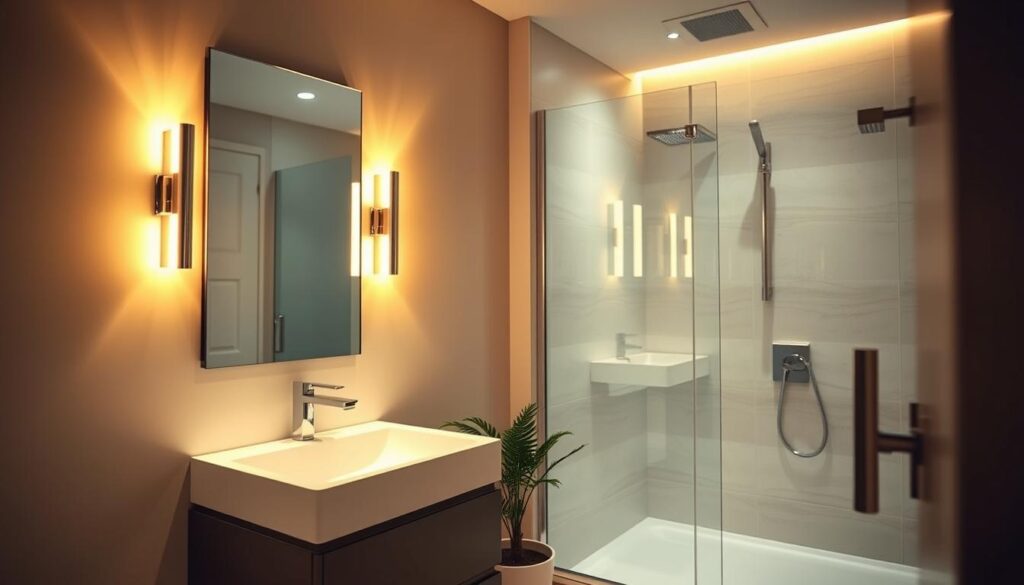 A modern small bathroom illuminated with soft, ambient lighting. The foreground features a sleek, minimalist vanity with a polished mirror reflecting warm light above. The middle ground showcases elegant wall-mounted sconces on either side of the mirror, casting a gentle glow that enhances the space's brightness. The background includes neutral-colored tiled walls and a compact shower area, well-lit to emphasize cleanliness. The overall atmosphere is serene and inviting, with a focus on maximizing space and functionality. A small potted plant adds a touch of freshness, and the scene is captured from a slightly elevated angle to showcase the lighting effects throughout the room. The overall color palette is soft and harmonizing, creating a tranquil and stylish bathroom environment.