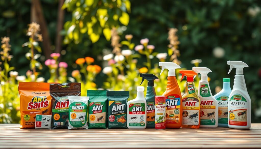 A neatly arranged display of various ant control products on a wooden garden table in soft, natural lighting. In the foreground, close-up images of several types of ant baits, traps, and organic sprays, showcasing their packaging that clearly indicates their purpose. In the middle ground, a blurred background featuring a vibrant green garden with flowers and plants to suggest a healthy outdoor environment. Warm sunlight filters through leaves, creating a peaceful, inviting atmosphere. The focus is sharp on the products, emphasizing their effectiveness, while maintaining an overall serene mood, ideal for readers exploring effective ant control solutions.