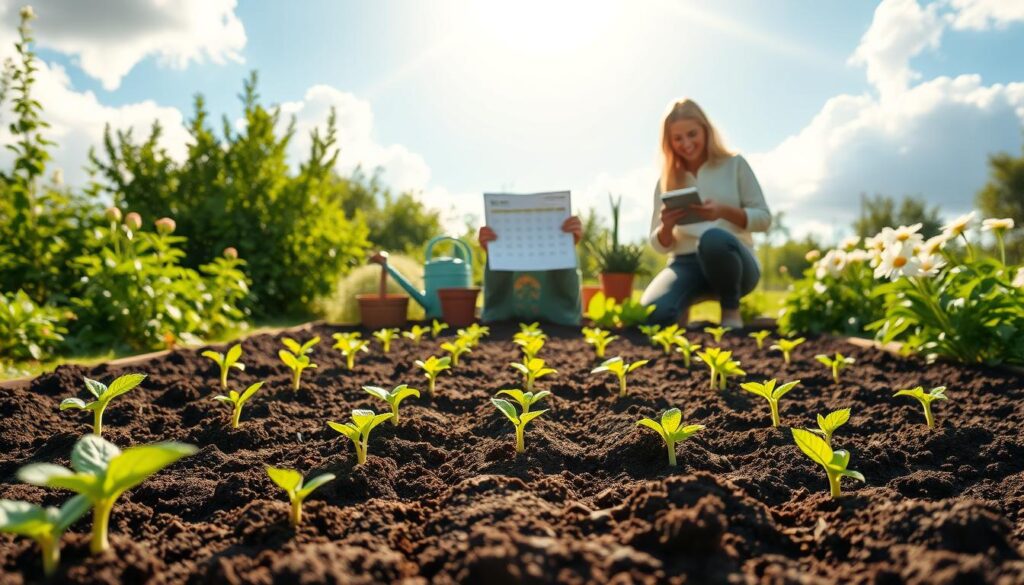 A peaceful scene representing the concept of planting a vegetable garden in springtime. In the foreground, a well-tended vegetable bed with freshly turned soil, featuring neat rows of vibrant seedlings just emerging from the earth. In the middle ground, a cheerful gardener wearing modest casual clothing is examining a planting calendar, surrounded by gardening tools and a watering can. The background features a bright blue sky with soft, fluffy clouds, sun rays casting warm, golden light over the scene. Lush greenery is present around the garden, with budding flowers adding a splash of color. The mood is hopeful and inviting, symbolizing the joy and anticipation of starting a vegetable garden. Use a slightly elevated angle to capture the entire garden layout, ensuring a sunny, cheerful atmosphere.
