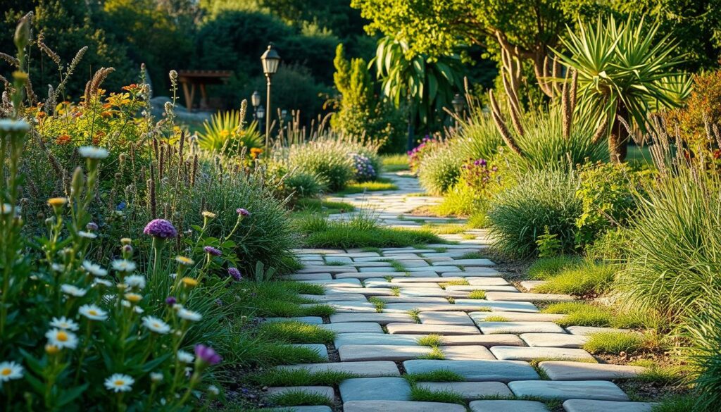A picturesque garden pathway made from beautifully arranged old roof tiles, showcasing a blend of rustic charm and contemporary design. In the foreground, scattered wildflowers and lush greenery frame the tiles, enhancing the natural beauty of the scene. The middle ground features the winding path, with various colors and textures of roof tiles, creating a visually striking pattern. In the background, diverse plants and trees offer depth, bathed in soft, warm afternoon sunlight that casts gentle shadows. The atmosphere is serene and inviting, evoking a sense of peaceful outdoor living. The image is captured from a slightly elevated angle to emphasize the path's design while ensuring clarity and focus on the unique tile arrangement without any people or text elements.
