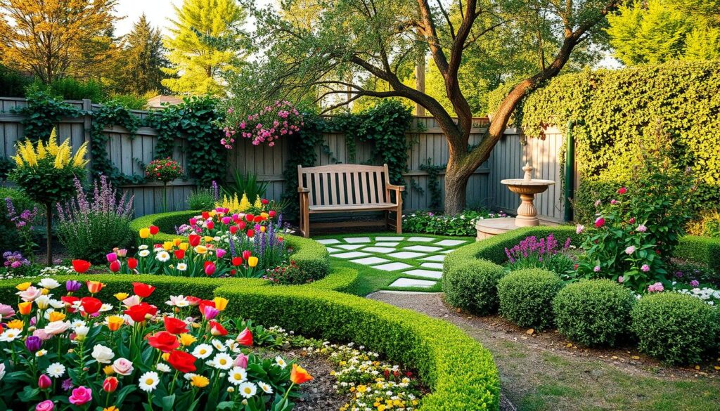 A picturesque garden scene filled with vibrant flowers and lush greenery, showcasing various landscaping ideas. In the foreground, a neatly arranged flower bed with colorful blooms such as roses, tulips, and daisies, surrounded by neatly trimmed hedges. The middle ground features a winding stone path leading to a cozy wooden bench beneath a flowering tree, offering a place to relax and enjoy the beauty. In the background, a privacy fence draped with climbing ivy, and a small fountain that adds a tranquil ambiance. Soft, golden lighting suggests a late afternoon, casting gentle shadows and creating a warm atmosphere. The overall mood is serene and inviting, perfect for inspiring garden design enthusiasts.