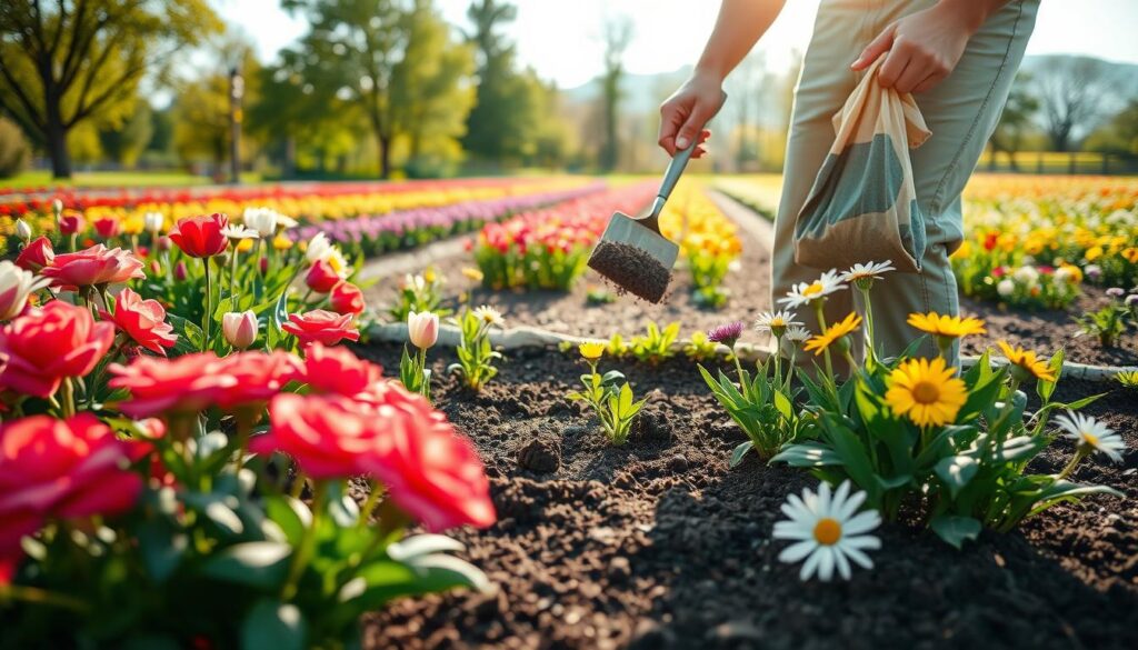A picturesque garden scene focusing on the various stages of flower fertilization. In the foreground, lush blooming flowers in vibrant colors, such as roses, tulips, and daisies, are surrounded by rich, dark soil. A gardener in modest casual clothing, wielding a trowel and holding a bag of organic fertilizer, is carefully applying the substance to the base of the plants. In the middle ground, a well-maintained garden bed, showcasing distinct rows of different flower species, adds depth to the scene. The background features a soft-focus view of trees and a bright blue sky filtered by gentle sunlight, creating a warm and inviting atmosphere. The overall mood is peaceful and nurturing, reflecting the care and attention needed for thriving plants.