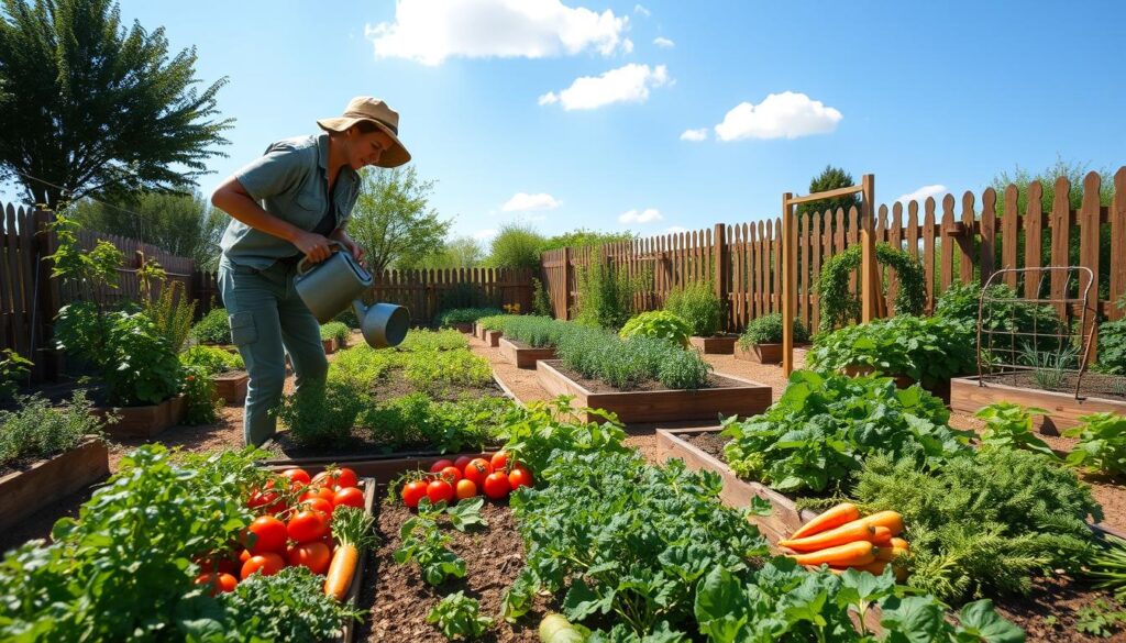 A picturesque vegetable garden setup in a sunny setting, featuring neat rows of diverse vegetables like tomatoes, carrots, and greens, meticulously arranged in raised beds. In the foreground, a gardener wearing casual, modest clothing tends to the plants, demonstrating careful watering with a can. The middle ground showcases different garden beds with vibrant foliage, while a wooden fence borders the area, enhancing rustic charm. In the background, a clear blue sky is visible with a few fluffy clouds, casting soft natural light over the scene. The overall mood is serene and productive, conveying a sense of fulfillment and connection to nature, perfect for gardening enthusiasts.
