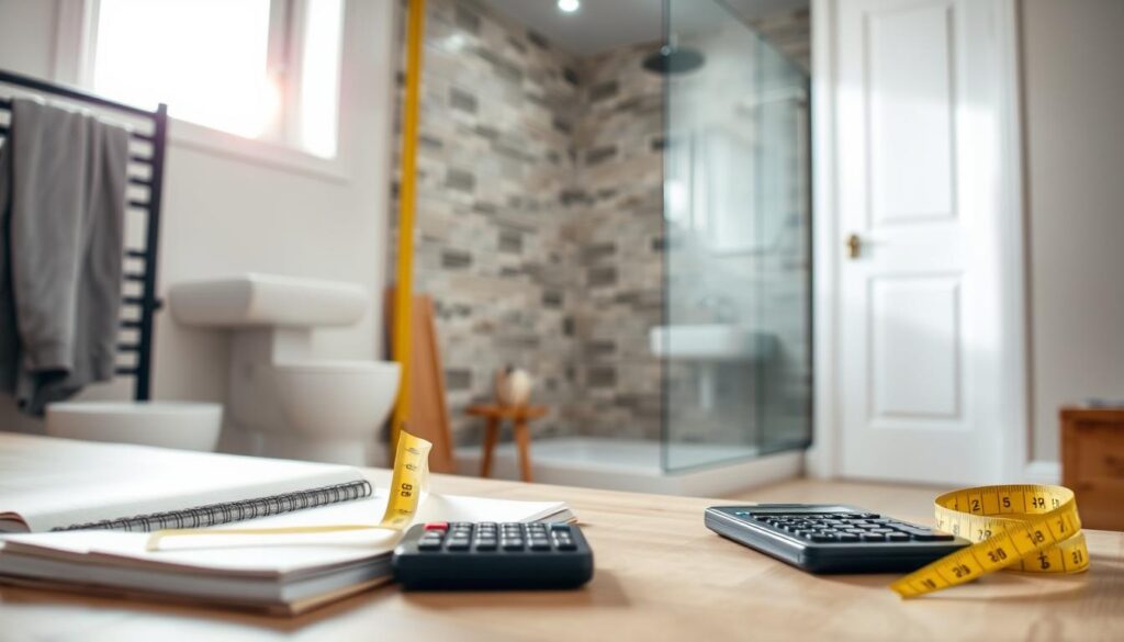 A professional contractor measuring a bathroom space for labor costs, with a detailed visual of a modern bathroom layout. In the foreground, tools such as a measuring tape, notebook, and calculator are prominently displayed, indicating analysis and planning. The middle ground features a partially renovated bathroom, showcasing new tiles, plumbing, and fixtures. The background presents a clean, well-lit environment with natural sunlight streaming through a window, highlighting the importance of cleanliness and professionalism in home renovation. The overall atmosphere is one of focus and expertise, emphasizing the seriousness of evaluating labor costs per square meter in bathroom remodeling. Use soft, diffused lighting for a warm and inviting feel.