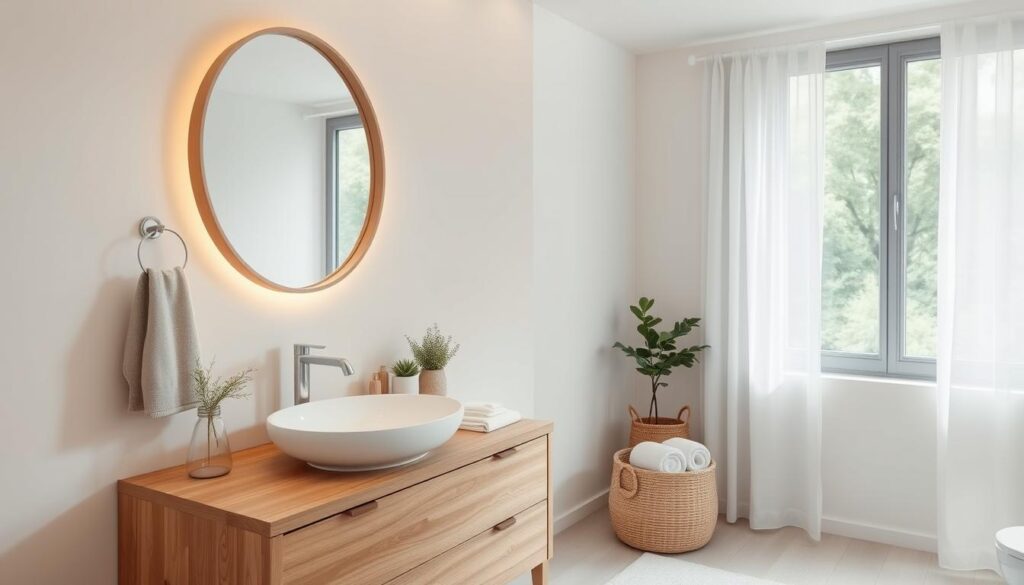 A serene Scandinavian bathroom interior, showcasing a blend of natural materials and minimalist design. In the foreground, a stylish wooden vanity with a smooth, white sink sits under a large, round mirror framed in light wood. Soft, warm lighting casts a gentle glow, enhancing the cozy atmosphere. In the middle ground, simple yet elegant accessories like potted plants, neatly rolled towels in a wicker basket, and a calming color palette of muted whites and earthy tones. In the background, a large window allows natural light to shine through sheer curtains, revealing a picturesque view of greenery outside. The overall mood is tranquil and inviting, reflecting Scandinavian design principles of simplicity and warmth without clutter.