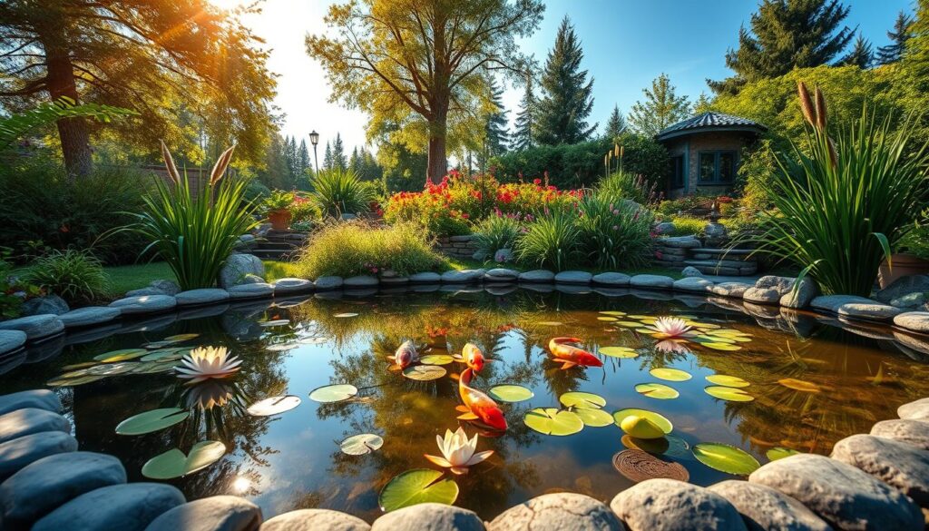 A serene backyard pond, or "oczko wodne," as a captivating focal point in a lush garden. The foreground features smooth, pebbled edges surrounding the water, with delicate water lilies floating gracefully. A few colorful koi fish can be seen swimming beneath the surface. In the middle, vibrant green foliage and ornamental grasses gently frame the pond, enhancing its beauty. The background showcases a beautifully landscaped garden with flowering plants in a rainbow of colors, under a clear blue sky. Soft, warm sunlight filters through the trees, casting enchanting reflections on the water's surface. The atmosphere is tranquil and inviting, perfect for relaxation and contemplation, evoking the essence of a picturesque garden retreat.