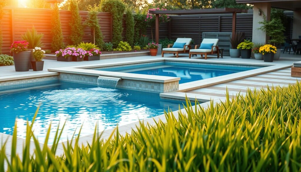 A serene backyard scene featuring a beautifully designed garden swimming pool suitable for residential use. In the foreground, lush green grass surrounds the pool, highlighting its pristine blue water. The middle section showcases a contemporary rectangular pool with elegant coping and cascading water features, inviting relaxation. Surrounding the pool, vibrant flowers and carefully arranged potted plants add life and color to the space. In the background, a tasteful patio area with modern wooden furniture provides a cozy spot for sunbathing, all under the gentle glow of a setting sun, creating warm, soft lighting. The atmosphere evokes a sense of tranquility and leisure, ideal for family gatherings and peaceful afternoons. The focus is on creating an inviting and harmonious outdoor oasis, showcasing the elegance and practicality of a garden pool.