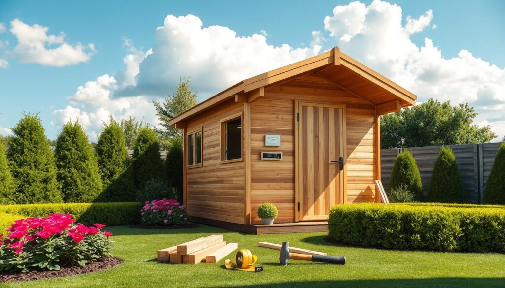 A serene backyard setting showcasing a beautifully constructed sauna. In the foreground, display a wooden sauna with a traditional design, its natural wood grain highlighted by soft, warm lighting. Surround the sauna with lush green landscaping, including vibrant flower beds and neatly trimmed hedges. In the middle ground, incorporate tools and materials needed for sauna construction, like timber, a hammer, and measuring tape, arranged neatly to convey an organized project. The background should feature a clear blue sky, with fluffy white clouds, evoking a calm and peaceful atmosphere. Use a slightly elevated angle to capture the elegance of the setting while ensuring the sauna is the focal point. The overall mood should reflect relaxation and the joy of home improvement. A serene backyard setting showcasing a beautifully constructed sauna. In the foreground, display a wooden sauna with a traditional design, its natural wood grain highlighted by soft, warm lighting. Surround the sauna with lush green landscaping, including vibrant flower beds and neatly trimmed hedges. In the middle ground, incorporate tools and materials needed for sauna construction, like timber, a hammer, and measuring tape, arranged neatly to convey an organized project. The background should feature a clear blue sky, with fluffy white clouds, evoking a calm and peaceful atmosphere. Use a slightly elevated angle to capture the elegance of the setting while ensuring the sauna is the focal point. The overall mood should reflect relaxation and the joy of home improvement.