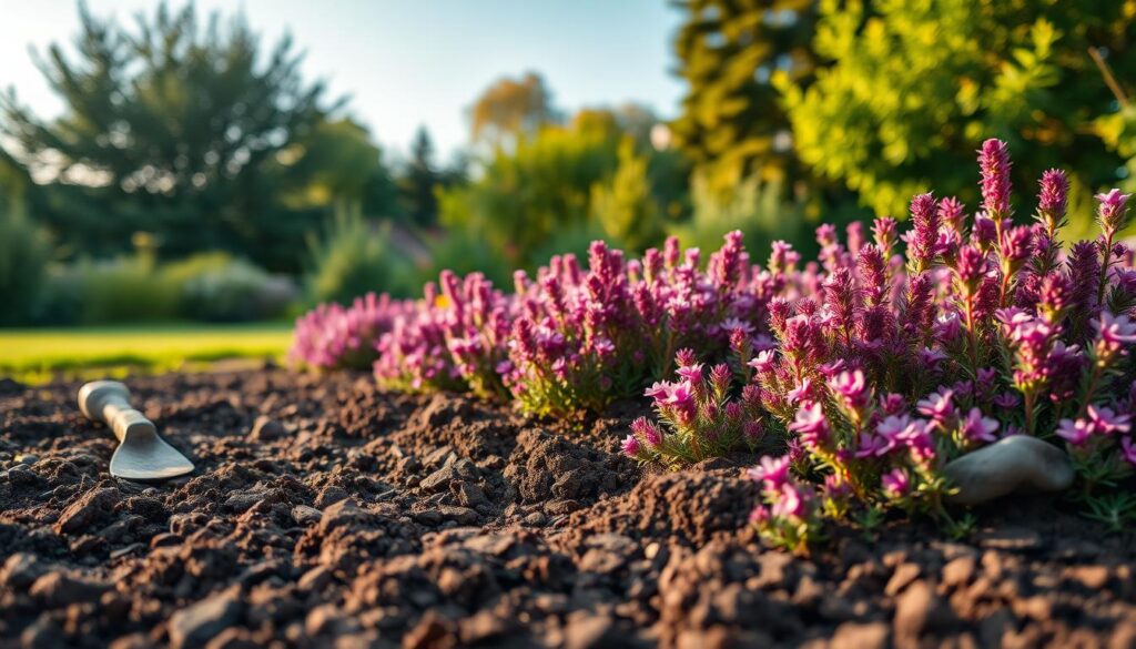 A serene garden landscape focused on the best time to plant heather, showcasing healthy heather plants in varying shades of purple and pink. In the foreground, detail the freshly dug, acidic soil ready for planting, with small gardening tools nearby, like a trowel and gloves. In the middle ground, illustrate a well-arranged patch of blooming heather, with clear signs of growth and vibrant flowers. The background features soft-focus greenery, including trees and a blue sky with a gentle sunlight casting warm, golden hour lighting, adding a peaceful and inviting atmosphere. The angle should be slightly elevated to capture the depth of the scene while maintaining focus on the heather.