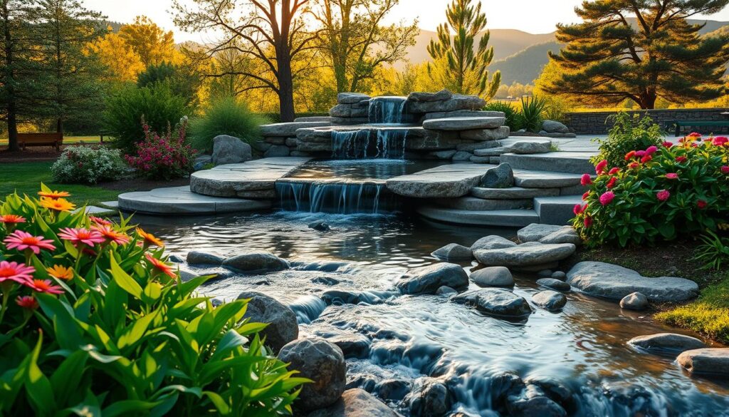 A serene garden landscape showcasing a well-planned spot for a small waterfall. In the foreground, a gentle stream flows over smooth stones, creating a soothing sound. Lush green plants surround the waterfall site, with bright flowers adding pops of color. In the middle ground, the waterfall cascades beautifully over a tiered rock structure, with clear, sparkling water splashing into a tranquil pond below. The background features tall, leafy trees and distant hills bathed in warm, golden sunlight, casting soft shadows on the ground. The atmosphere is peaceful and inviting, ideal for relaxation and contemplation. The angle captures both the waterfall and the surrounding landscape, emphasizing the natural beauty and potential of the site.
