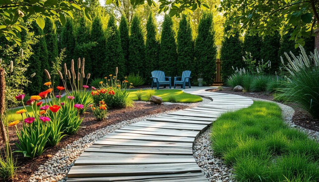 A serene garden path design showcasing budget-friendly materials and natural elements. In the foreground, a winding pathway made of rustic stones and recycled wood planks, bordered by lush green grass and vibrant, colorful flowers. In the middle ground, natural mulch and small pebbles lead to a cozy garden nook, adorned with simple garden furniture. The background features tall, leafy shrubs and trees creating a tranquil atmosphere. The scene is illuminated by soft, warm sunlight filtering through the leaves, casting gentle shadows on the path. Capture the image from a slightly elevated angle to emphasize the path’s curves and the surrounding greenery, enhancing the inviting, budget-conscious garden vibe.