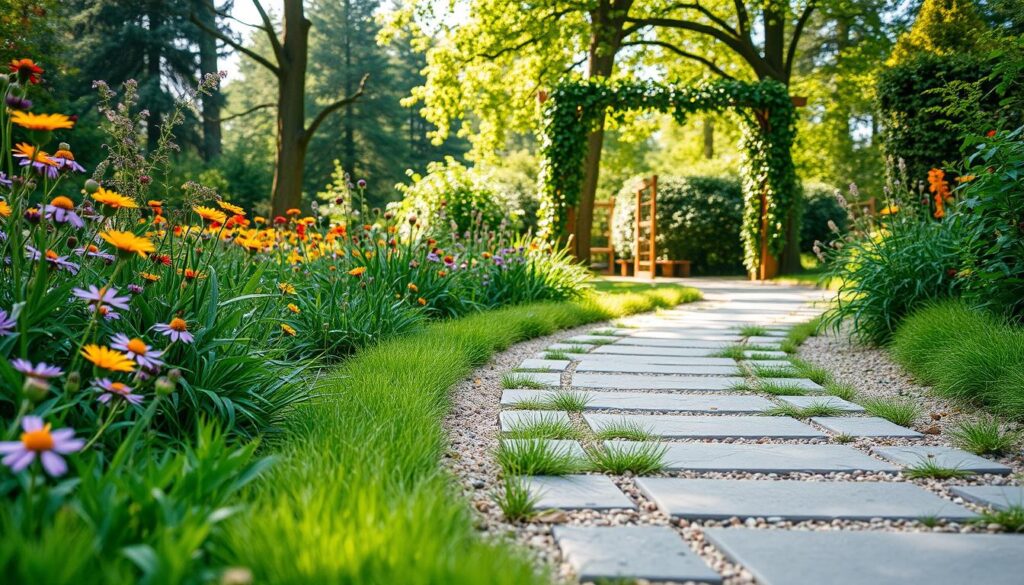 A serene garden path winding through a vibrant flower bed, featuring soft, earthy tones of gravel and stone pavers. In the foreground, the path is bordered by blooming wildflowers in shades of purple, yellow, and red, while lush green grass peeks through. The middle ground showcases a gently curving path leading towards a wooden trellis draped with climbing vines, inviting exploration. In the background, tall trees provide dappled sunlight, creating a warm and peaceful atmosphere. The image is captured at a slight upward angle, enhancing the sense of depth and inviting viewers to imagine walking down the path. Soft, natural lighting highlights the textures of the stones and the delicate petals of the flowers, emphasizing the tranquility and beauty of a well-designed garden space.