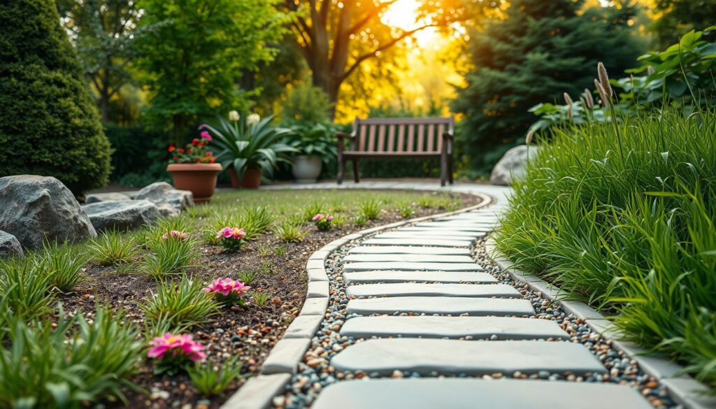 A serene garden pathway made from inexpensive materials, showcasing a beautiful, budget-friendly design. In the foreground, a narrow, winding path made of smooth stone slabs and colorful gravel, interspersed with small clusters of vibrant flowers. Lush green grass flanks the sides of the path, with a few potted plants adding a touch of elegance. In the middle ground, a simple wooden bench invites relaxation, surrounded by lush foliage. The background features a softly blurred image of trees under a warm, golden sunlight, creating a peaceful atmosphere. The perspective is slightly elevated, capturing the inviting nature of the path while emphasizing the creativity of low-cost gardening solutions. The image should evoke tranquility and inspiration for DIY landscaping projects.