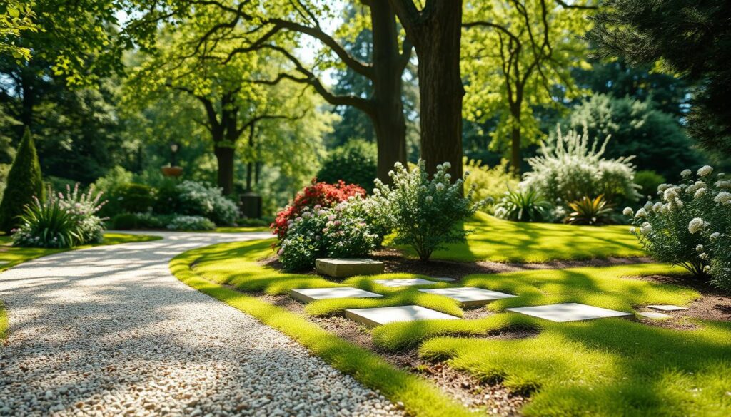 A serene garden pathway scene showcasing classic solutions for garden paths. In the foreground, a winding gravel path, bordered by lush greenery, creates an inviting atmosphere. The middle ground features elegantly laid stone slabs interspersed with soft moss, illustrating a natural yet structured design. In the background, towering trees and flowering bushes provide a vibrant contrast, while dappled sunlight filters through the leaves, creating playful shadows on the ground. The lens captures the scene with a shallow depth of field, emphasizing the textures of the gravel and stone, while maintaining a warm, inviting tone. The image conveys a tranquil and harmonious garden environment, perfect for illustrating classic pathway solutions.