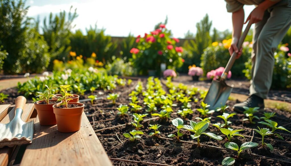 A serene garden scene depicting the planting of perennial plants, showcasing a gardener in modest casual clothing, focused on preparing the soil. In the foreground, a shovel and small potted plants are neatly arranged on a wooden gardening bench. The middle ground features a lush, green garden bed, rich with healthy soil and various perennial plant seedlings waiting to be planted. In the background, a sunny sky casts gentle light, illuminating vibrant flowers and leafy bushes. The atmosphere conveys a sense of tranquility and purpose, inviting viewers to appreciate the beauty of nature and the careful process of planting. The image should be captured from a slightly elevated angle to encompass the entire planting area, highlighting the gardener's actions.