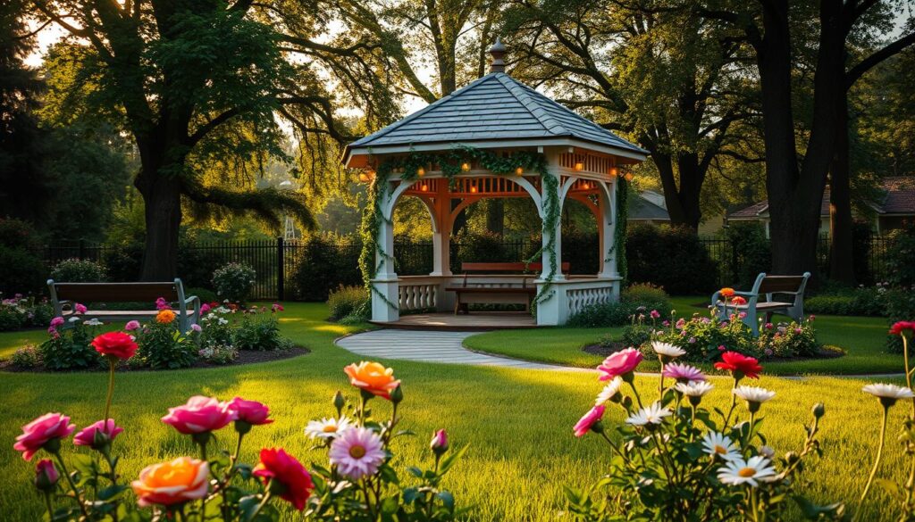 A serene garden scene featuring a beautifully designed gazebo (altana ogrodowa) as the focal point. In the foreground, lush green grass and colorful flower beds bloom with vibrant flowers like roses and daisies. The middle ground showcases the gazebo adorned with climbing vines and fairy lights, inviting warmth. Surrounding the gazebo, there are benches and a winding pathway made of stone. In the background, tall trees provide dappled sunlight, creating a tranquil atmosphere. The lighting is soft, reminiscent of early evening, with a golden hue casting warm shadows. The composition should feel inviting and harmonious, emphasizing a peaceful outdoor space perfect for relaxation and gatherings.