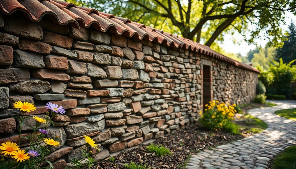 A serene garden scene featuring a charming stone wall made of old clay roof tiles, intricately stacked and weathered, showcasing earthy tones of red, brown, and grey. In the foreground, vibrant flowers in shades of purple and yellow bloom against the wall, adding a touch of color. The middle ground includes a winding pathway of smooth pebbles leading to the wall, subtly inviting visitors deeper into the garden. In the background, lush greenery and soft sunlight filtering through tree branches create a tranquil atmosphere. The image is captured with a shallow depth of field, emphasizing the detailed texture of the tiles while gently blurring the background to enhance the peaceful mood of the garden space.