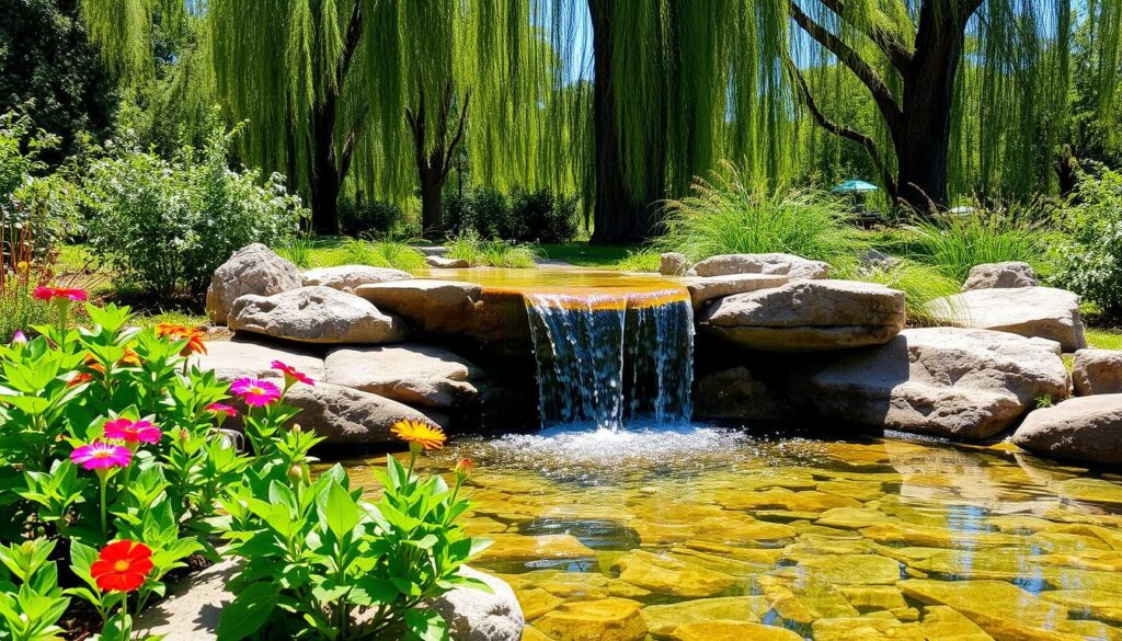A serene garden scene featuring a small, artificial waterfall cascading over smooth rocks into a crystal-clear pond below. In the foreground, lush green plants with vibrant flowers surround the water's edge, adding a touch of color and life to the setting. The middle ground showcases the waterfall itself, with sparkling water glistening in the sunlight as it tumbles down in gentle streams. The background features tall trees swaying slightly in a light breeze, creating a tranquil atmosphere. The sunlight filters through the leaves, casting dappled shadows on the ground, enhancing the peaceful mood. The image captures the essence of a carefully designed garden oasis, inviting viewers to imagine the soothing sound of flowing water and the beauty of nature.