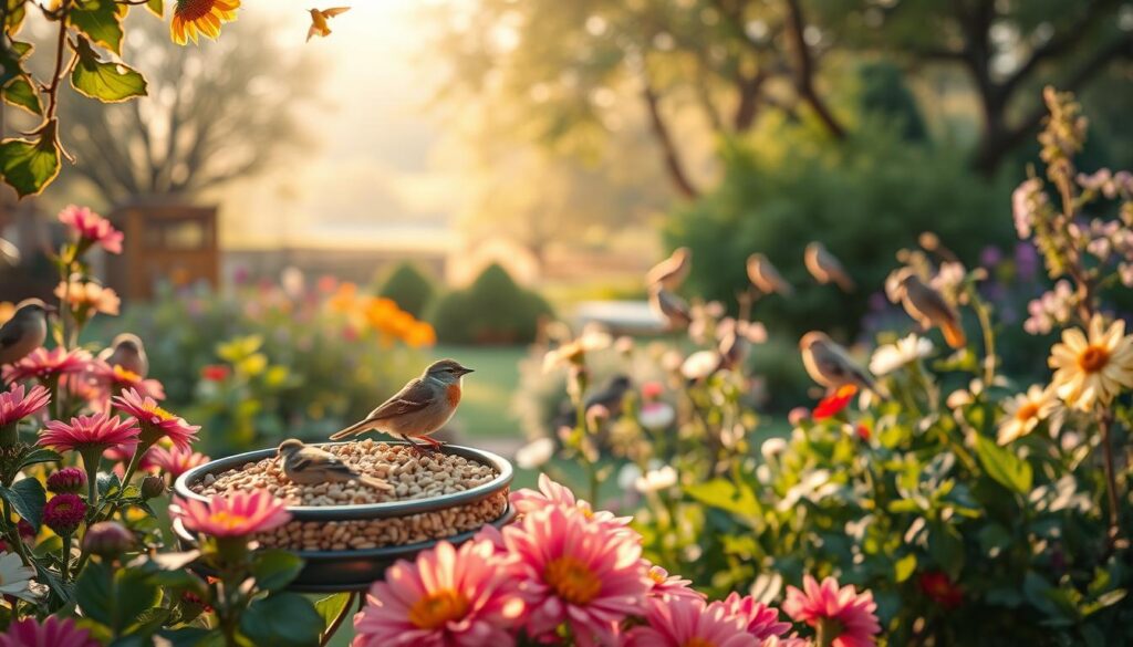 A serene garden scene featuring a variety of birds for easy identification, with a focus on popular species such as robins, sparrows, and goldfinches. The foreground showcases a bird feeder filled with seeds, surrounded by vibrant flowers and lush green plants. In the middle ground, several birds are perched on branches, exhibiting their unique colors and patterns. The background reveals a soft-focus garden landscape with trees and shrubs under warm, golden afternoon sunlight. The scene conveys a peaceful atmosphere with gentle shadows and highlights that bring the birds and flora to life. A slight depth of field effect creates an inviting, educational experience, perfect for illustrating the concept of bird recognition in a garden.
