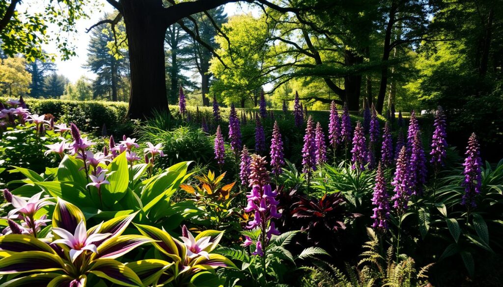 A serene garden scene featuring a variety of shade-loving flowers in full bloom, such as hostas, ferns, and astilbes. In the foreground, vibrant purple and white blossoms contrast with lush green foliage, their petals catching dappled sunlight filtering through overhead tree branches. The middle ground includes rich, textured leaves showcasing the diversity of plants that thrive in low-light conditions, creating a lush tapestry of nature. In the background, tall trees with a thick canopy cast gentle shadows over the garden, enhancing the calm and tranquil atmosphere. Soft, warm lighting creates a peaceful mood, with sunlight creating patterns on the ground, captured through a shallow depth of field to emphasize the beauty of the flowers. The scene evokes a sense of tranquility and natural beauty in shaded areas of a garden.