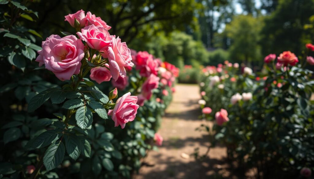 A serene garden scene featuring a variety of "shade roses," lush and vibrant in hues of pink, red, and white. In the foreground, a cluster of delicate blooms with deep green leaves, glistening with morning dew, gently sways in a soft breeze. The middle ground showcases several rose bushes, artfully arranged, creating a natural, inviting pathway. Dappled sunlight filters through a canopy of trees above, casting soft shadows that enhance the tranquil atmosphere. In the background, hints of distant flowering plants add depth without detracting from the main subject. Capture the image with a shallow depth of field to emphasize the roses while softly blurring the background. The overall mood is peaceful and enchanting, ideal for showcasing resilient, fragrant blooms that thrive in shaded areas. A serene garden scene featuring a variety of "shade roses," lush and vibrant in hues of pink, red, and white. In the foreground, a cluster of delicate blooms with deep green leaves, glistening with morning dew, gently sways in a soft breeze. The middle ground showcases several rose bushes, artfully arranged, creating a natural, inviting pathway. Dappled sunlight filters through a canopy of trees above, casting soft shadows that enhance the tranquil atmosphere. In the background, hints of distant flowering plants add depth without detracting from the main subject. Capture the image with a shallow depth of field to emphasize the roses while softly blurring the background. The overall mood is peaceful and enchanting, ideal for showcasing resilient, fragrant blooms that thrive in shaded areas.