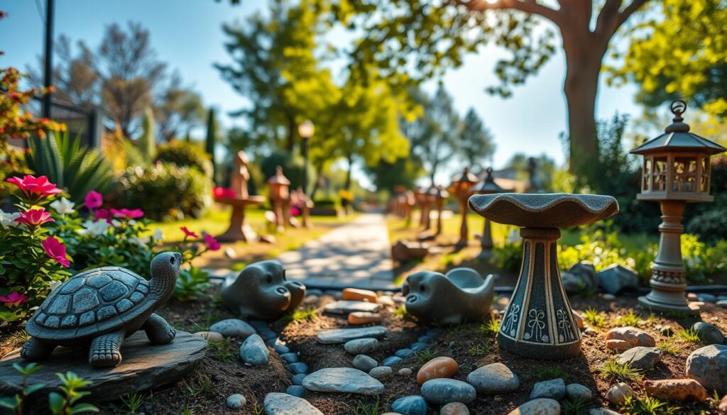 A serene garden scene featuring creative stone decorations. In the foreground, showcase intricately designed stone sculptures, like a whimsical turtle and charming birdbath, surrounded by lovely blooms and lush greenery. The middle ground highlights a pathway lined with various shapes of colorful stone pebbles and decorative stone lanterns, casting gentle shadows. In the background, a soft-focus view of trees and a bright blue sky, with the warm sunlight spilling through leaves, enhances the tranquil atmosphere. Use a slightly elevated angle to capture the depth of the garden and the unique textures of the stone. The scene should evoke a peaceful, inviting mood, perfect for inspiring garden enthusiasts.