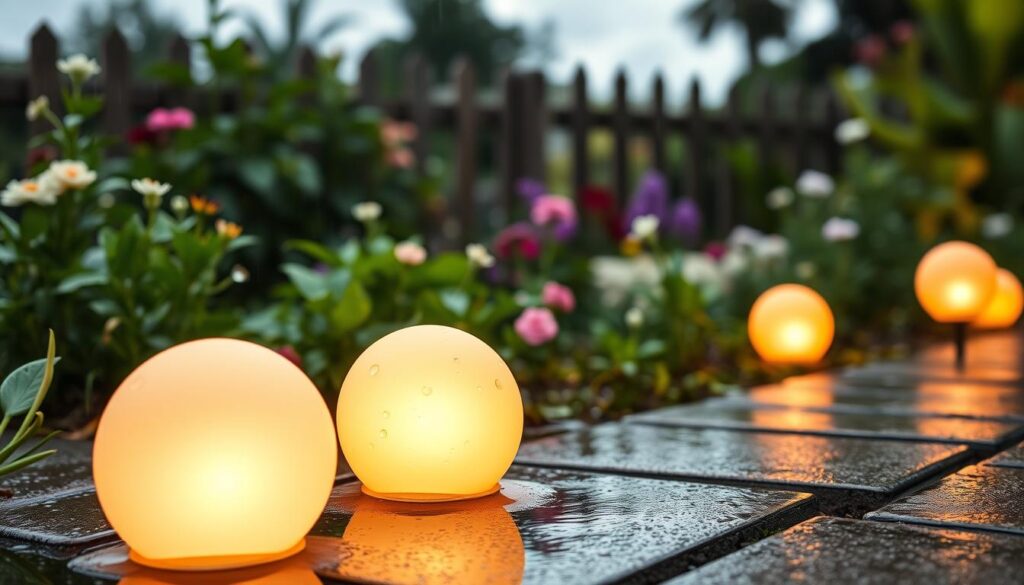 A serene garden scene featuring vibrant, glowing LED garden balls that radiate warm, inviting light, emphasizing their waterproof design. In the foreground, focus on a few of these illuminated spheres resting on a damp surface, droplets of rain glistening on their smooth surfaces. In the middle ground, lush greenery and delicate flowers thrive, showcasing the beauty of a post-rain setting. The background should include a softly blurred garden fence and a hint of a cloudy sky, enhancing the mood of tranquility and resilience against rain. The lighting should be soft and diffused, creating a cozy atmosphere, with an emphasis on highlighting the durability of the garden lights in wet conditions. Capture this scene from a low angle to accentuate the glow of the spheres against the natural surroundings. A serene garden scene featuring vibrant, glowing LED garden balls that radiate warm, inviting light, emphasizing their waterproof design. In the foreground, focus on a few of these illuminated spheres resting on a damp surface, droplets of rain glistening on their smooth surfaces. In the middle ground, lush greenery and delicate flowers thrive, showcasing the beauty of a post-rain setting. The background should include a softly blurred garden fence and a hint of a cloudy sky, enhancing the mood of tranquility and resilience against rain. The lighting should be soft and diffused, creating a cozy atmosphere, with an emphasis on highlighting the durability of the garden lights in wet conditions. Capture this scene from a low angle to accentuate the glow of the spheres against the natural surroundings.