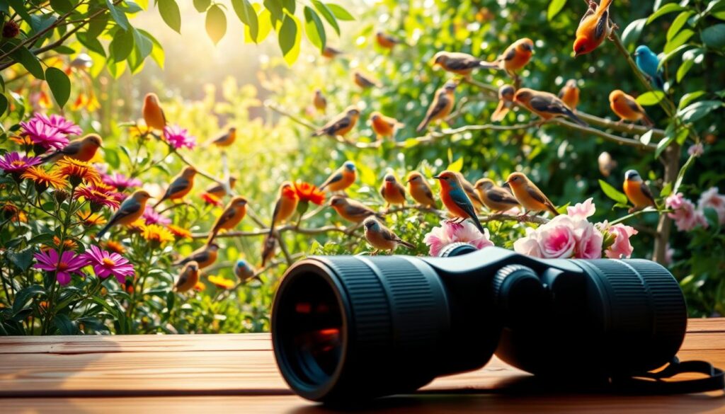 A serene garden scene focusing on the joy of birdwatching, highlighting various birds perched on vibrant flowers and branches. In the foreground, a pair of binoculars rests on a wooden table, inviting the viewer to observe the colorful birds. The middle ground features a diverse range of common garden birds, such as robins, blue tits, and finches, interacting with each other among leafy trees. In the background, soft sunlight filters through the foliage, casting gentle shadows and creating a tranquil atmosphere. The perspective is slightly elevated, as if the viewer is standing in the garden, enhancing the immersive experience. The overall mood is peaceful and encouraging, illustrating the benefits of birdwatching in one's garden, inspiring relaxation and connection with nature.