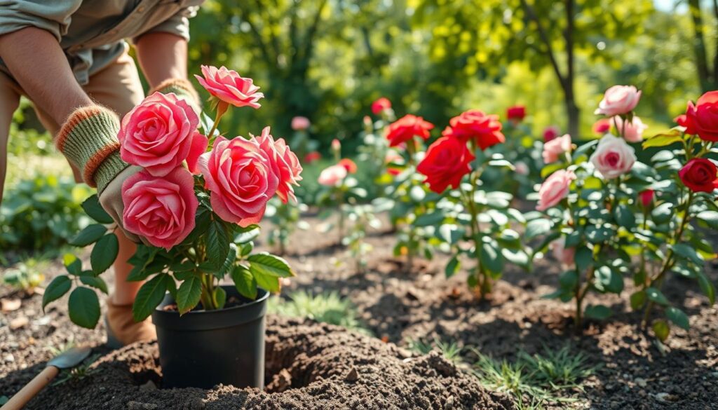 A serene garden scene focusing on the process of repotting roses. In the foreground, a skilled gardener in a comfortable shirt and gardening gloves carefully removes a rose bush from its pot, showcasing vibrant blooms in hues of pink and red. The gardener’s tools, such as a small spade and gloves, are neatly placed beside a freshly dug planting hole. In the middle ground, a variety of healthy rose plants are positioned, hinting at their ideal timing for transplanting. The background features a lush garden with greenery, dappled sunlight filtering through leaves, creating a warm and inviting atmosphere. The scene captures the essence of timely and careful gardening, highlighting the beauty of roses in their prime.
